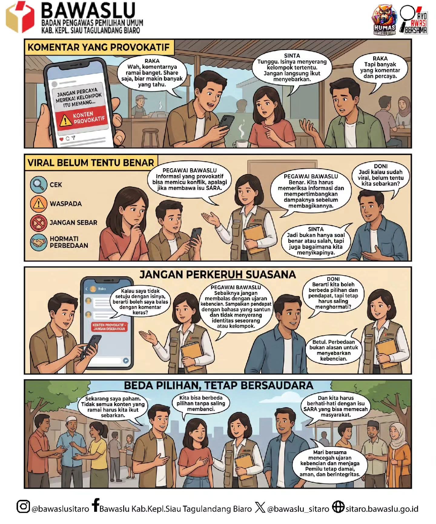 Edukasi Bawaslu Sitaro tentang bijak bermedia sosial dan menjaga persaudaraan dalam perbedaan.